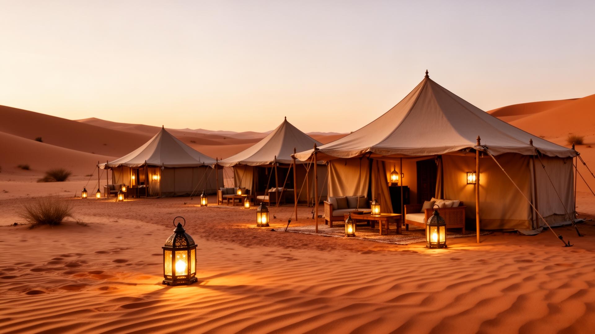 Camp de luxe dans le Sahara au coucher du soleil